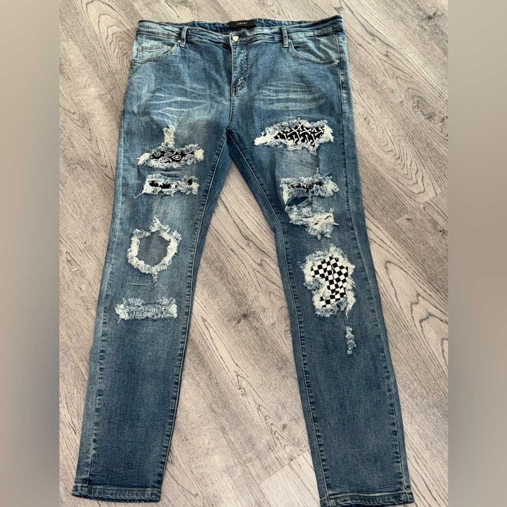AMIRI Blue Distressed Slim Straight Jeans